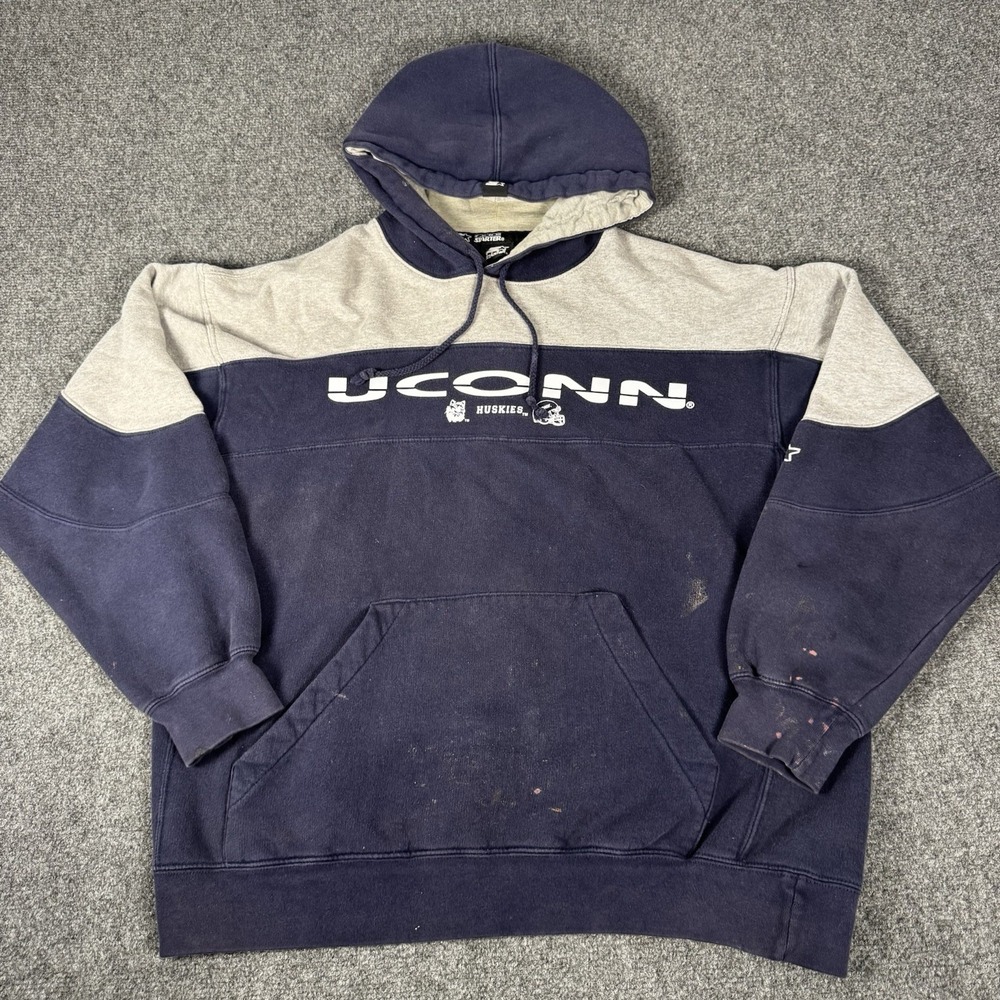 Vintage 90s Starter UCONN Huskies Hoodie Sweatshirt Two Tone Navy Gray VTG L